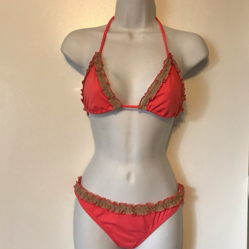 orange/pink bikini with tan lace